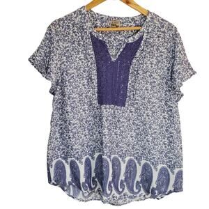 Como Vintage Blue V Neck Floral Flutter Sleeve Top Medium